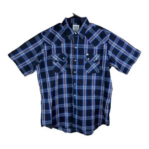 Ely Cattleman Red Blue Western Pearl Snap Plaid SHORT SLEEVE BUTTON UP SHIRT XL